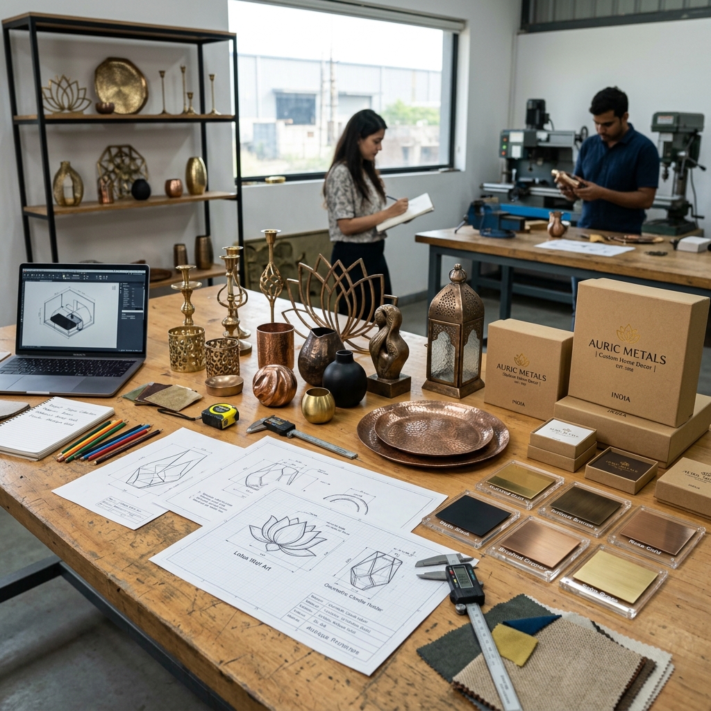 Custom OEM manufacturing workspace with design samples and metal prototypes