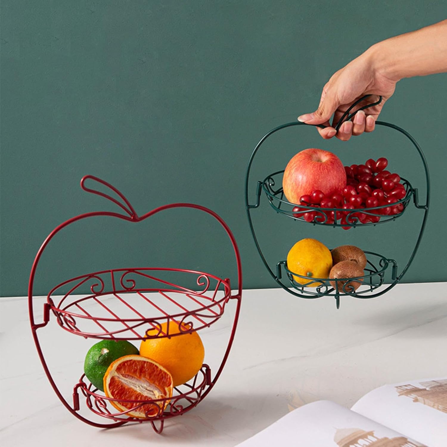 Apple Shape 2 Tier Metal Fruit Basket with Handle – Decorative Kitchen Fruit Holder for Home & Gifting