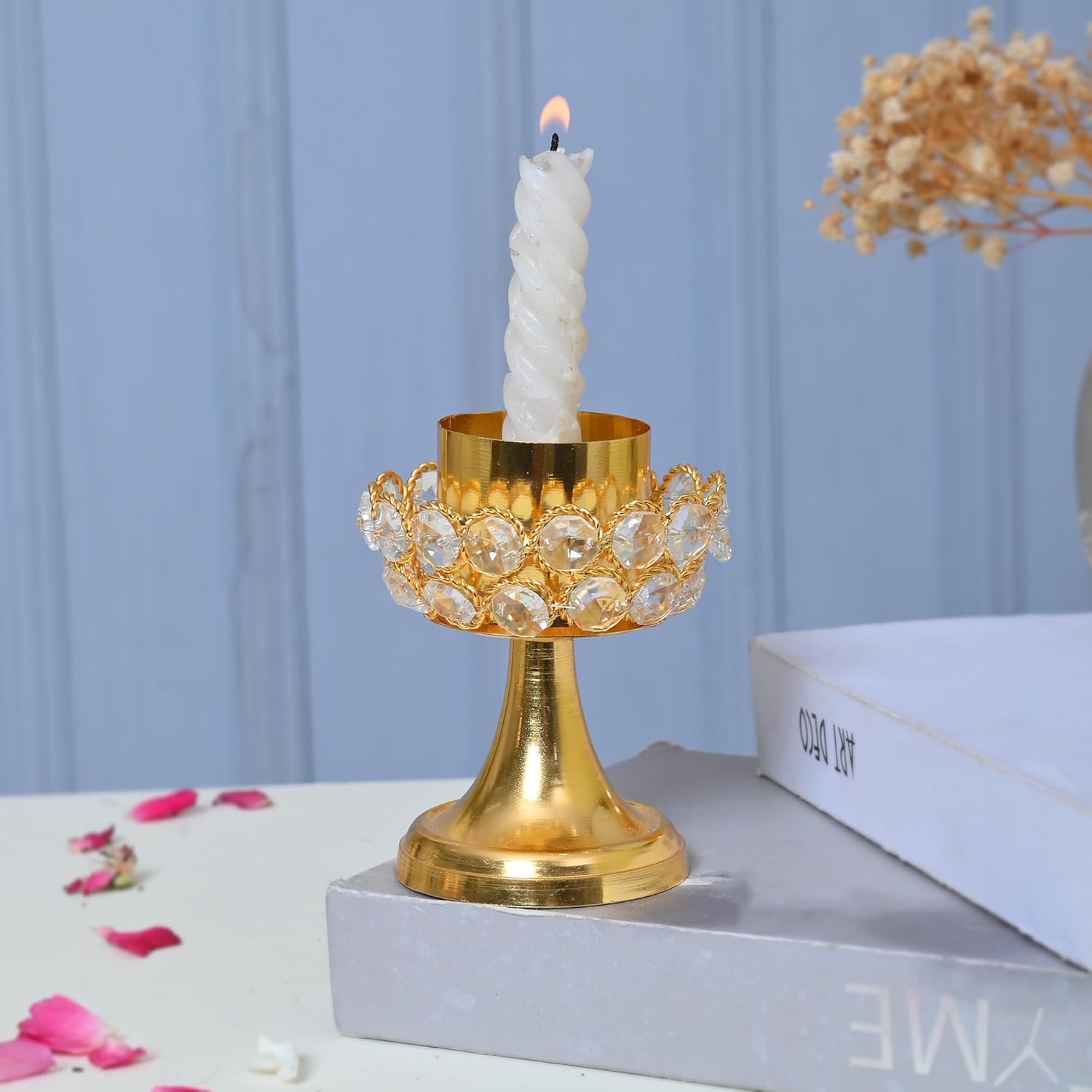 Gold Plated Crystal Studded Metal Candle Holder - Luxury Table Centerpiece & Tea Light Stand (13cm