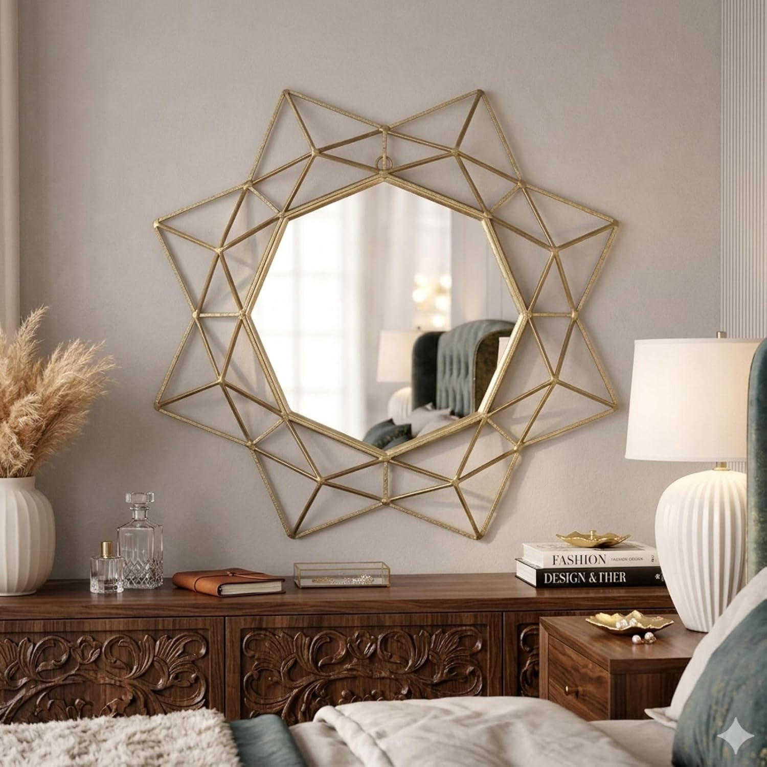 Modern Gold Geometric Starburst Wall Mirror - Octagonal Metal Frame Decorative Mirror for Luxury Interiors