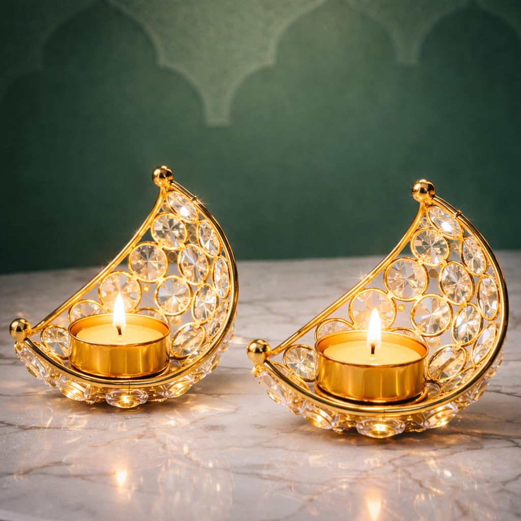 Golden Crescent Moon Candle Holder Set | Crystal Tealight Stand for Diwali, Eid, Wedding & Home Decoration