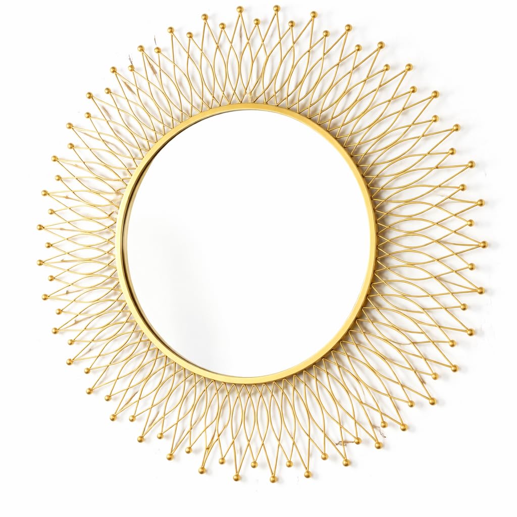 Golden Sunburst Metal Spike Wall Mirror - Contemporary Round Ray Design Mirror for Home Decor