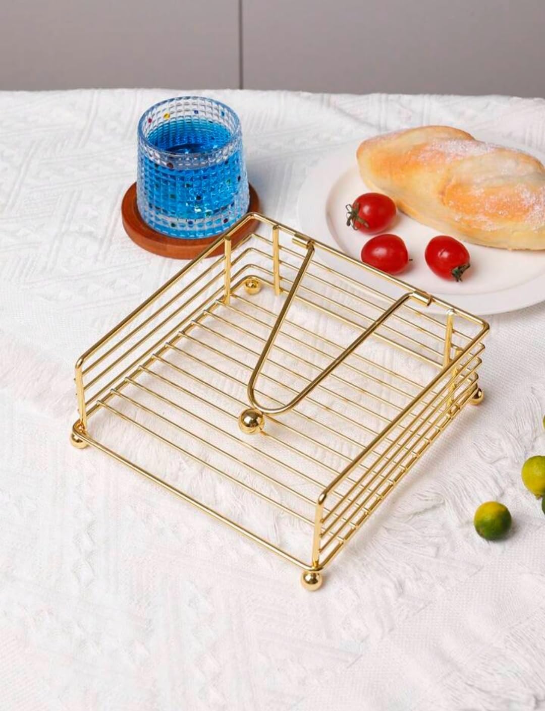 Premium Gold Finish Metal Napkin Holder Stand | 15x15x5 cm Square Tissue Holder | Heavy Duty Iron Wire Tissue Dispenser for Dining Table, Kitchen & Restaurant Use