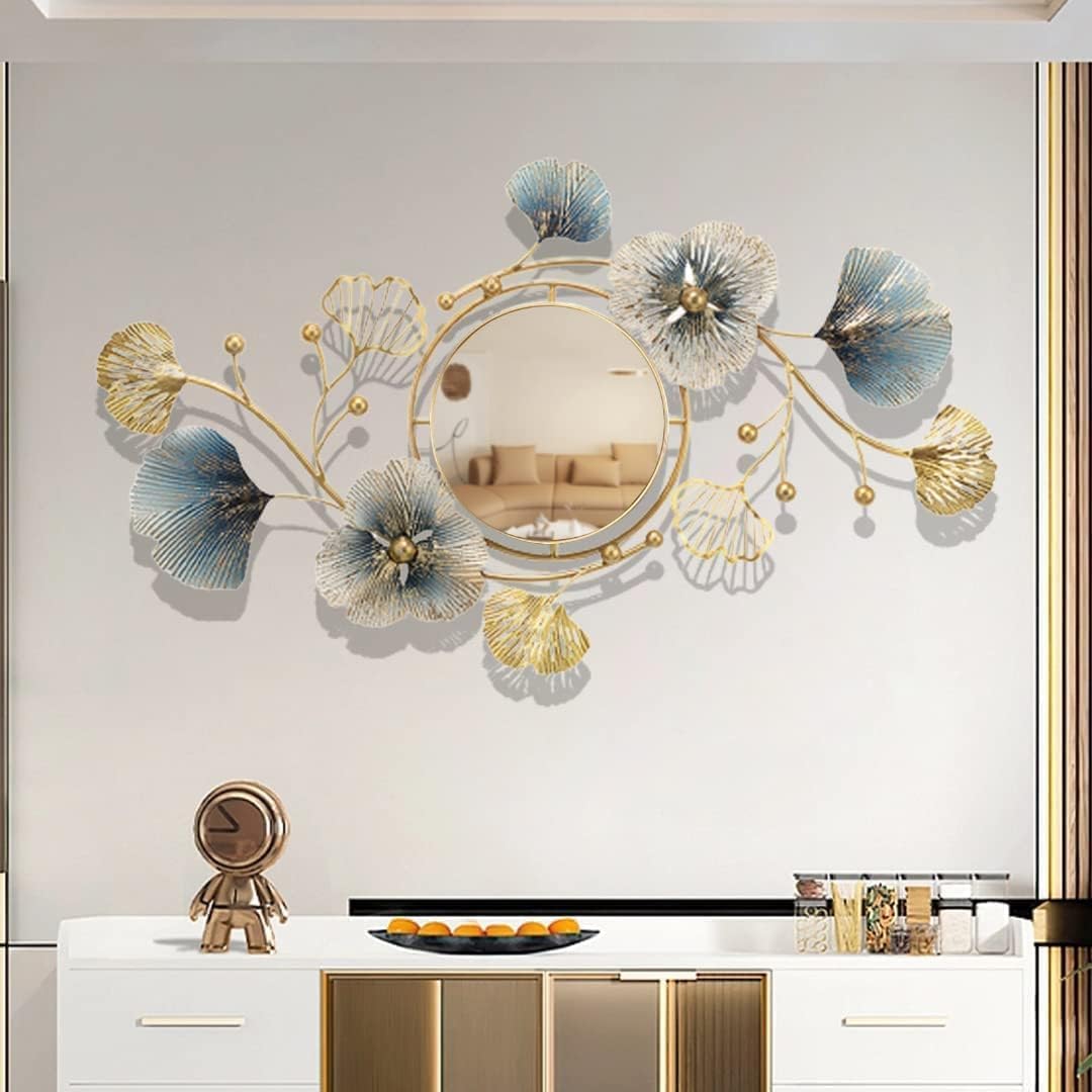 Elegant Floral Branch Metal Wall Mirror with Multicolored Leaf Accents - Designer Horizontal Mirror for Living Room