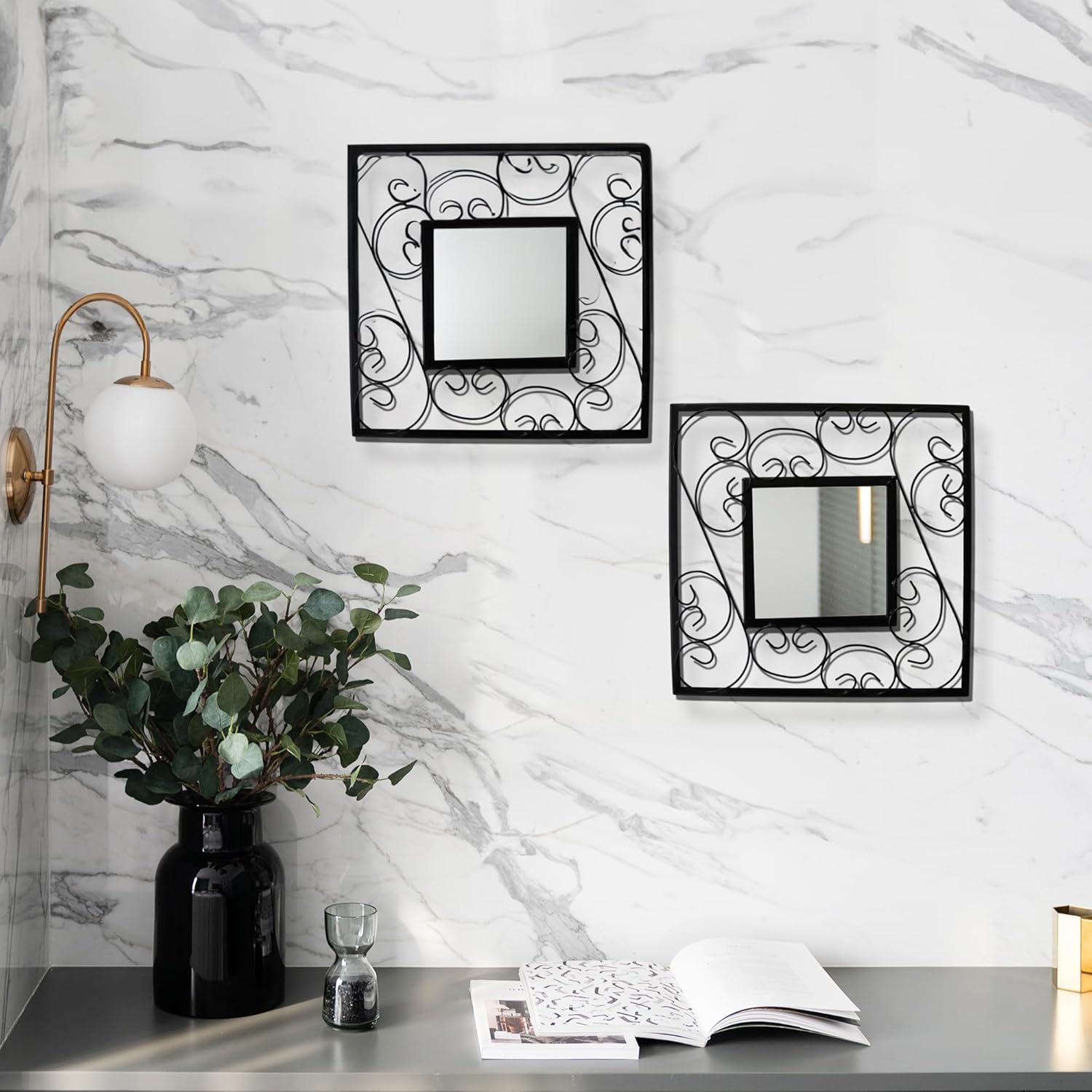 Square Metal Wall Mirror with Traditional Scroll-Work Border - Black Decorative Accent Mirror