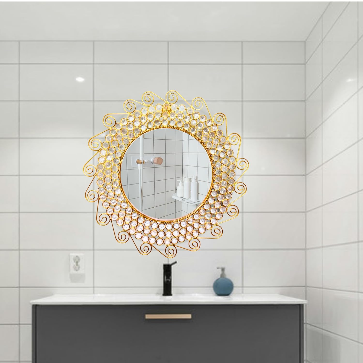 Luxury Golden Sunburst Mirror with Crystal Beading and Spiral Wire Accents - Premium Decorative Wall Mirror