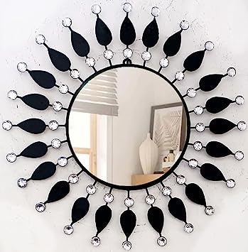 Black Sunburst Wall Mirror with Teardrop Accents and Crystal Studs - Elegant Designer Mirror for Hallways