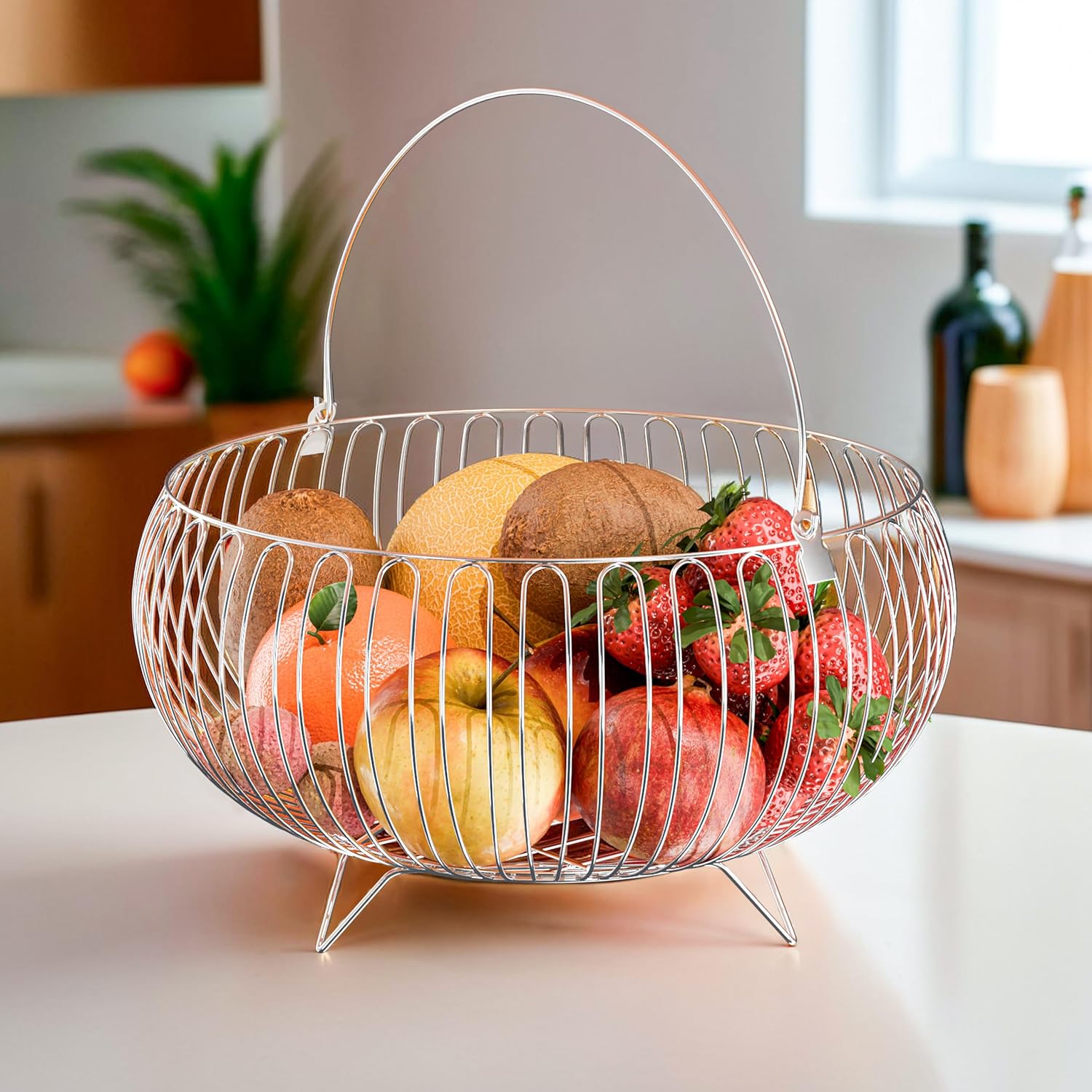 Premium Metal Wire Fruit Basket with Handle – Portable Kitchen Fruit Holder for Countertop, Decorative Storage Bowl