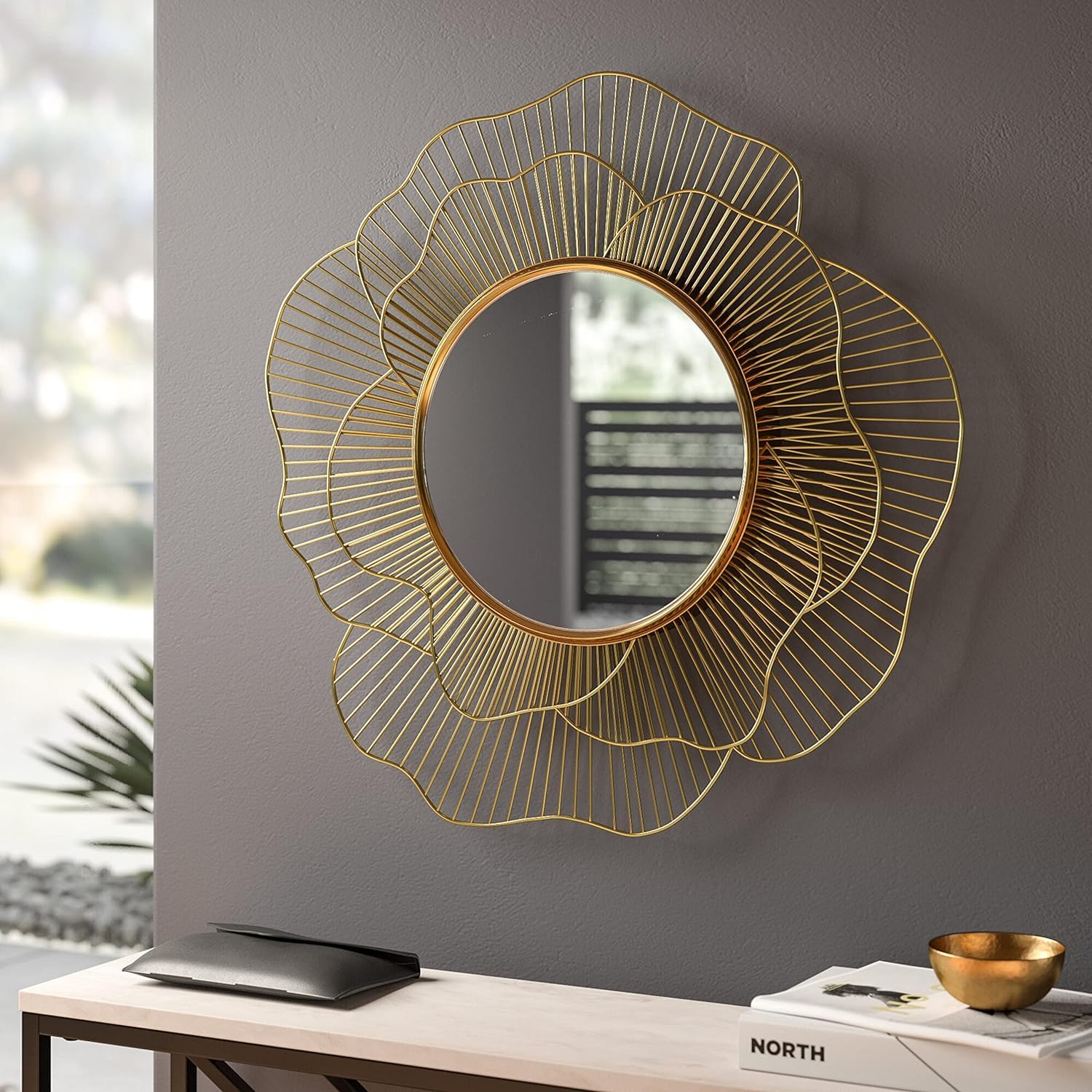 Decorative Gold Metal Flower Petal Wall Mirror - Modern Layered Wire Art Mirror for Luxury Interiors