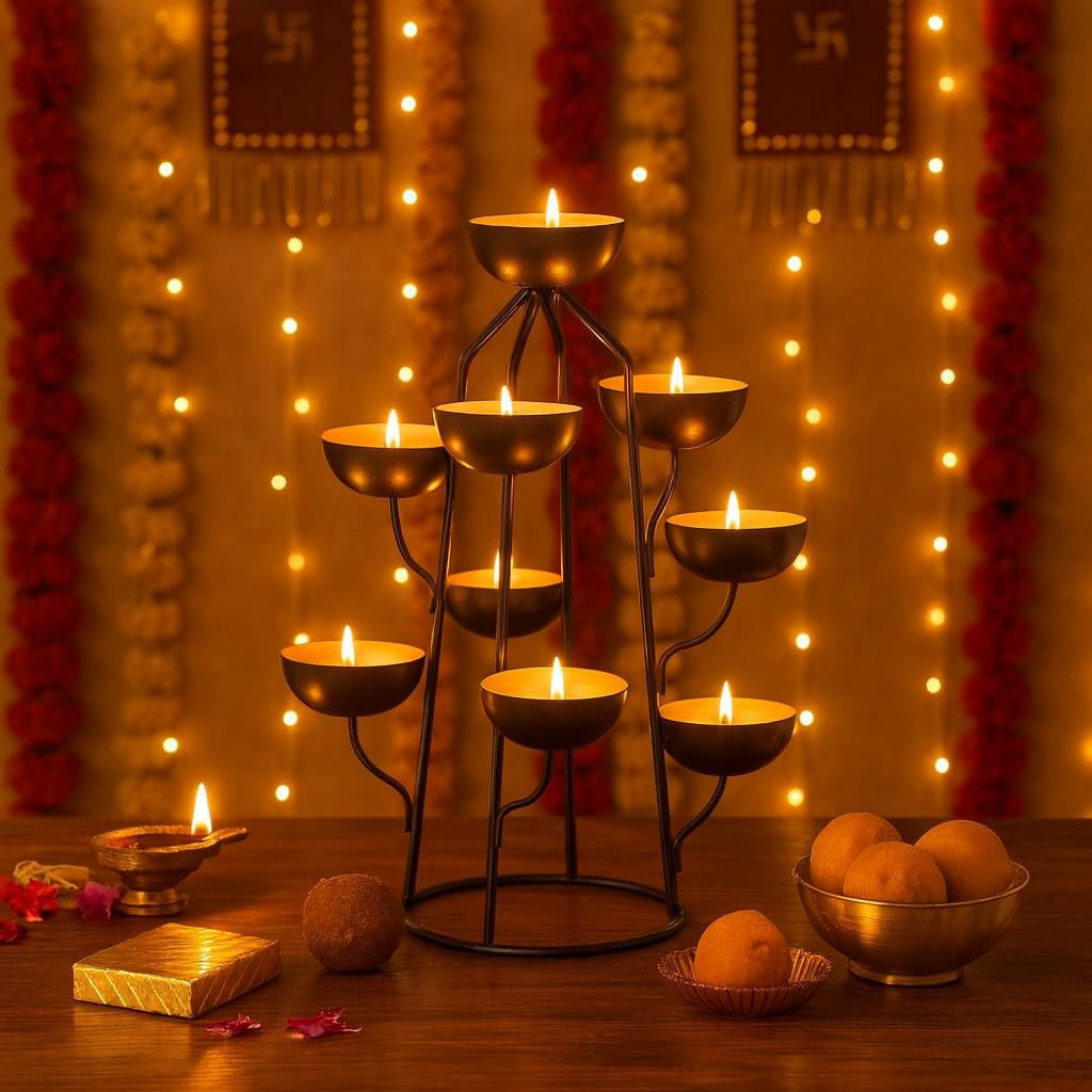 Premium Dual-Tone Iron Votive Holder - 9 Slot Multi-Cup Tea Light Stand for Table Decor