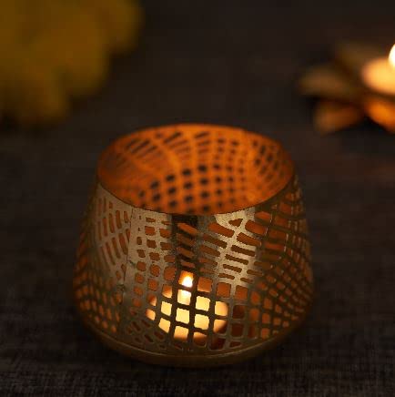 Gold Cutwork Metal Tea Light Holder - Decorative Geometric Votive for Home Decor & Gifting