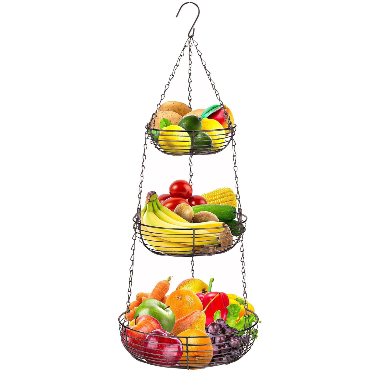 3 Tier Hanging Metal Fruit Basket with Removable Bowls – Kitchen Hanging Storage Organizer for Fruits, Vegetables & Bread