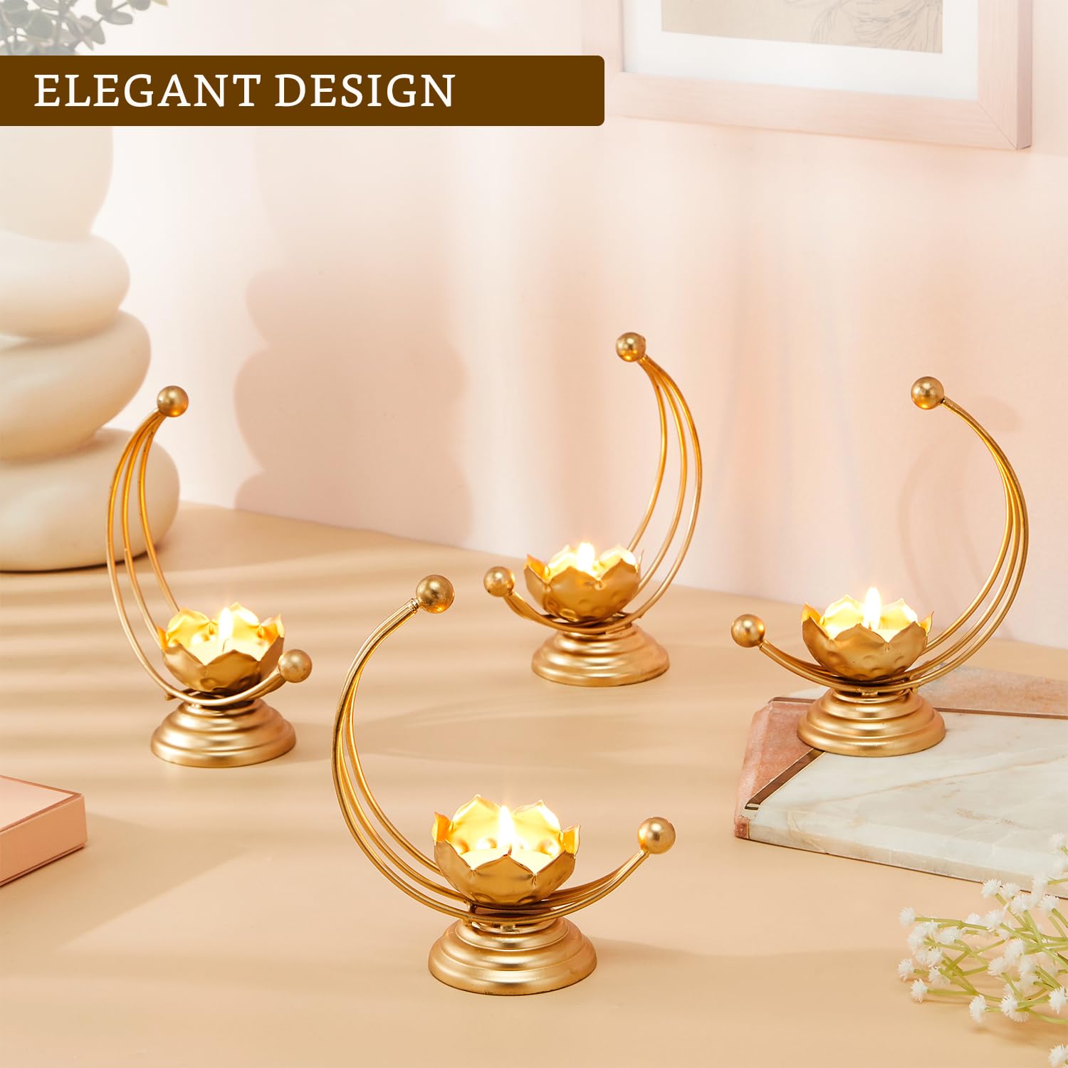 Metal Diya Candle Stand Gold | Decorative Tea Light Holder for Diwali, Home Decor, Wedding & Festive Decoration | Iron Lotus Candle Holder